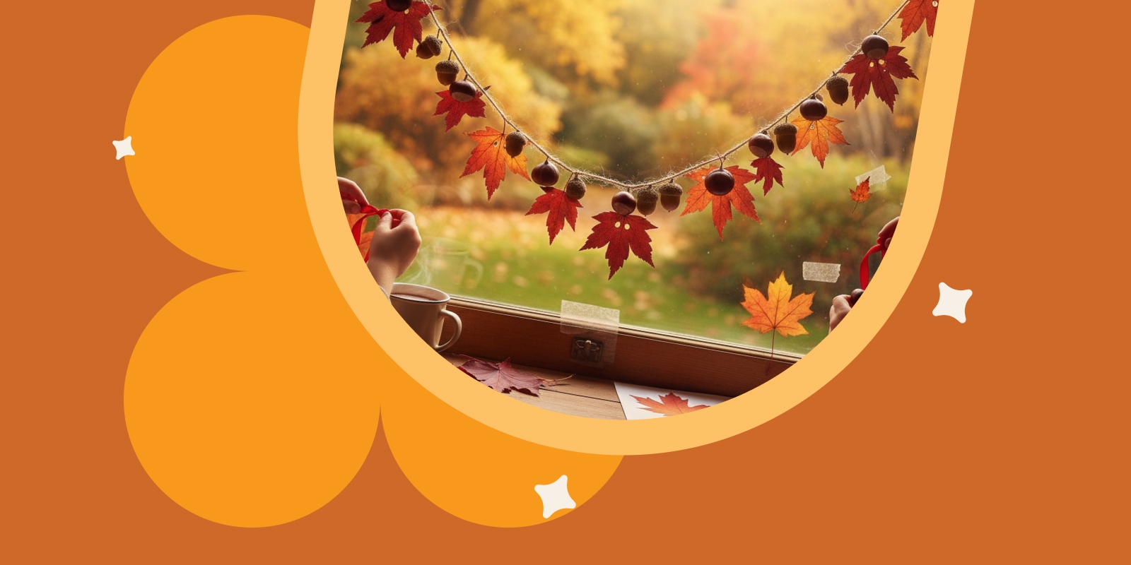 Bunte Herbstgirlande aus Kastanien, Eicheln und roten Blättern am Fenster