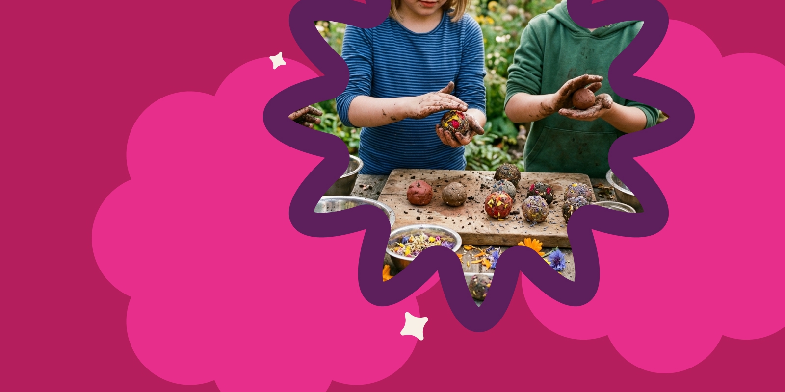 Kinderhände formen bunte Samenkugeln aus Erde und Ton